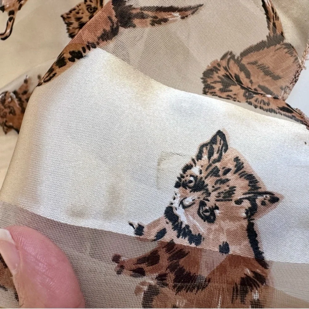 Metallic Gold Cream Chiffon Satin Silky Cat Print Scarf
